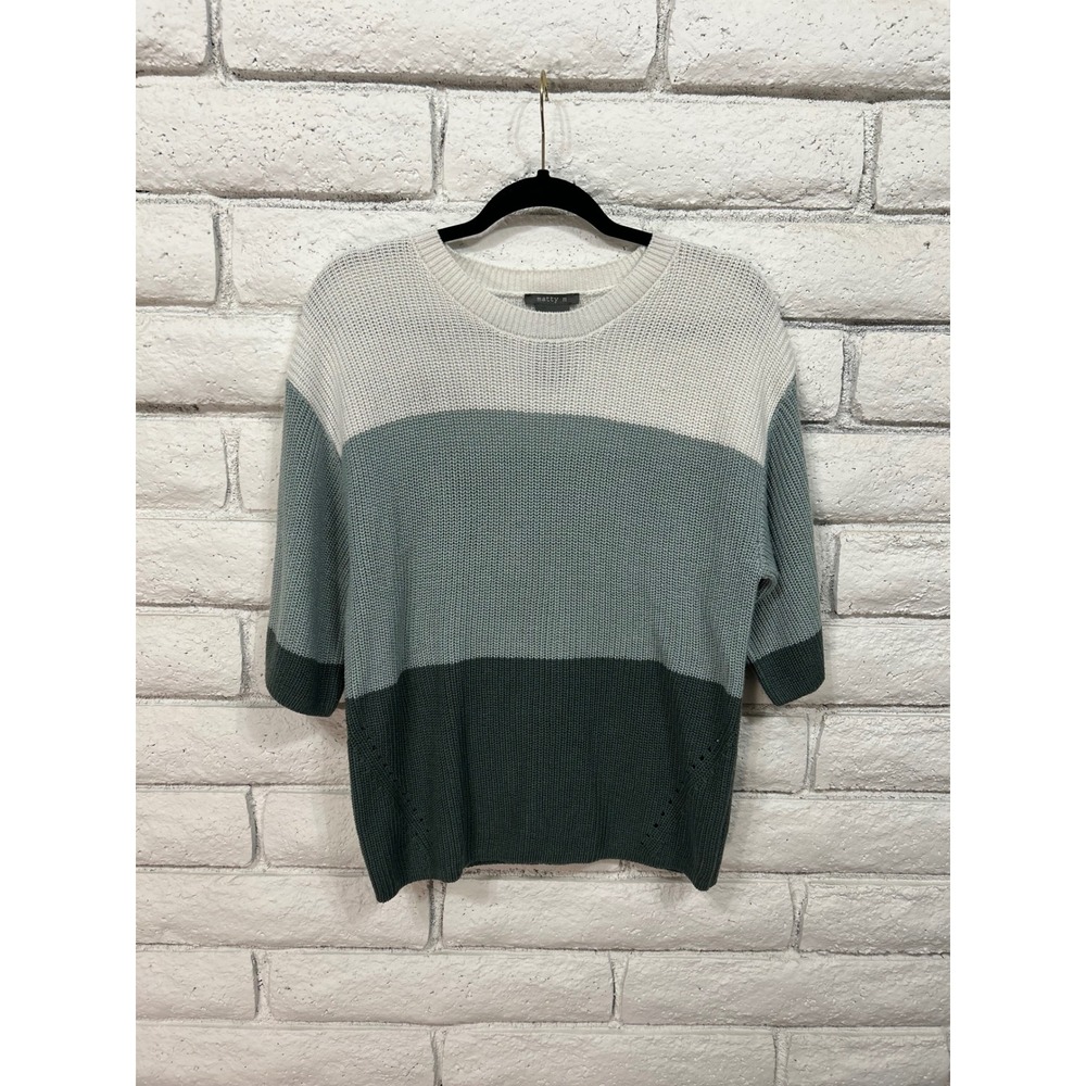Matty M Womens Colorblock Knit Sweater Short Sleeve Crew Neck Green Cream Small